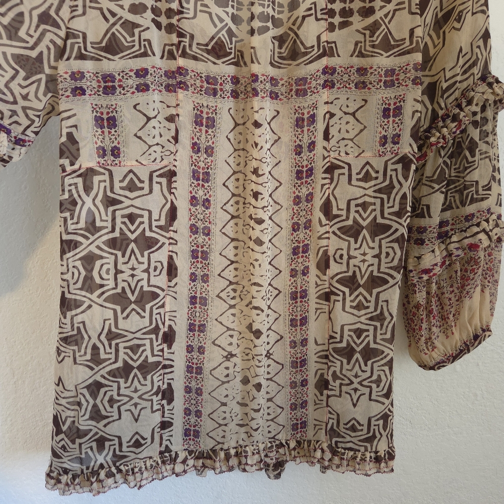 Diane Von Furstenberg Womens Ruffle Blouse 100% Silk Geometric BrownCream Size 0 - Picture 10 of 15